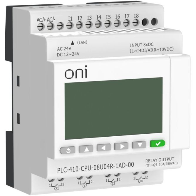 Модуль ЦПУ ПЛК 410 4 DI 4 UI (0-10 В/DI) 4 RO 12В-24В DC или 24В AC с Ethernet портом с экраном ONI PLC-410-CPU-08U04R-1AD-00
