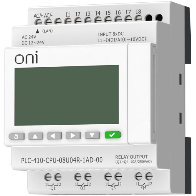 Модуль ЦПУ ПЛК 410 4 DI 4 UI (0-10 В/DI) 4 RO 12В-24В DC или 24В AC с Ethernet портом с экраном ONI PLC-410-CPU-08U04R-1AD-00