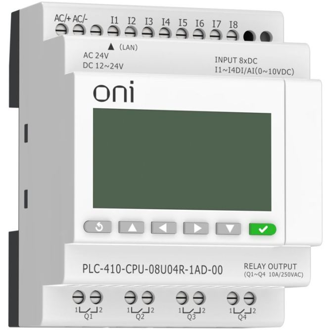 Модуль ЦПУ ПЛК 410 4 DI 4 UI (0-10 В/DI) 4 RO 12В-24В DC или 24В AC с Ethernet портом с экраном ONI PLC-410-CPU-08U04R-1AD-00