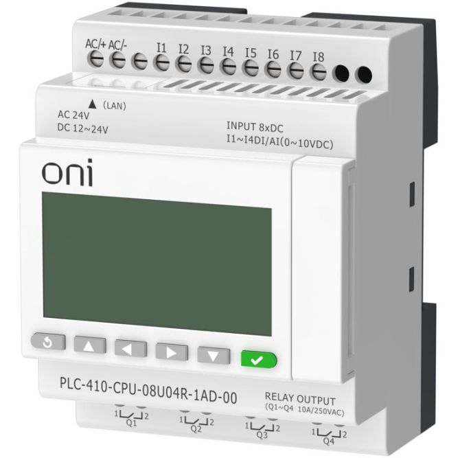 Модуль ЦПУ ПЛК 410 4 DI 4 UI (0-10 В/DI) 4 RO 12В-24В DC или 24В AC с Ethernet портом с экраном ONI PLC-410-CPU-08U04R-1AD-00