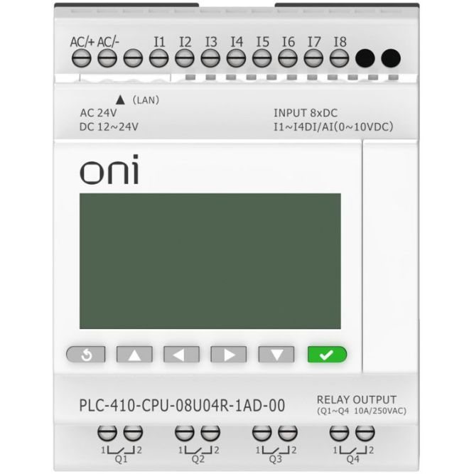 Модуль ЦПУ ПЛК 410 4 DI 4 UI (0-10 В/DI) 4 RO 12В-24В DC или 24В AC с Ethernet портом с экраном ONI PLC-410-CPU-08U04R-1AD-00
