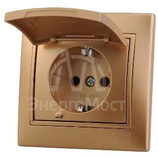 Розетка 1-м СП Мира с защ. крышкой керам. с заземл. метал. зол. LEZARD 701-1313-123