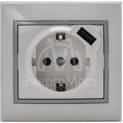 Розетка 1-м СП Мира 16А с з/к + USB разъем бел. с сер. вставкой LEZARD 701-0215-181