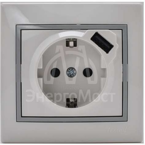 Розетка 1-м СП Мира 16А с з/к + USB разъем бел. с сер. вставкой LEZARD 701-0215-181
