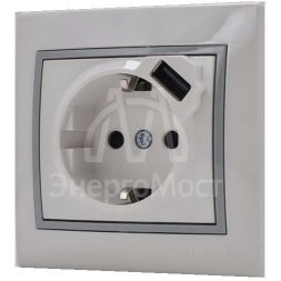 Розетка 1-м СП Мира 16А с з/к + USB разъем бел. с сер. вставкой LEZARD 701-0215-181