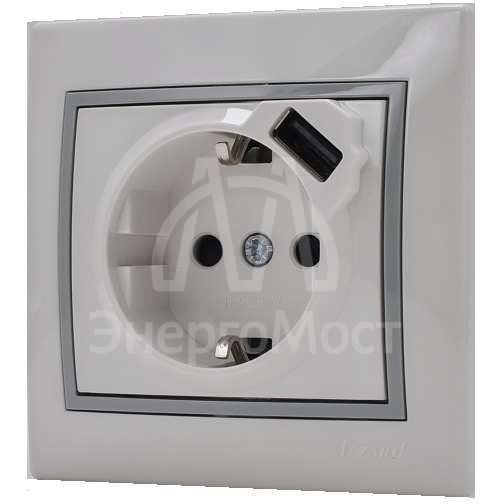 Розетка 1-м СП Мира 16А с з/к + USB разъем бел. с сер. вставкой LEZARD 701-0215-181
