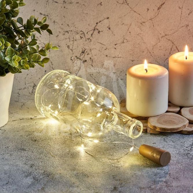 Гирлянда светодиодная &amp;quot;Роса&amp;quot; 2м 20LED тепл. бел. 0.1Вт IP20 с пробкой элементы питания 3хLR44 (в компл.) Neon-Night 302-026