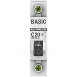 Выключатель автоматический модульный 1п C 20А 4.5кА ВА 47-29 Basic EKF mcb4729-1-20C