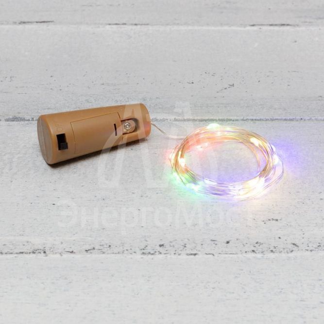 Гирлянда светодиодная &amp;quot;Роса&amp;quot; 2м 20LED мультиколор 0.1Вт IP20 с пробкой элементы питания 3хLR44 (в компл.) Neon-Night 302-029