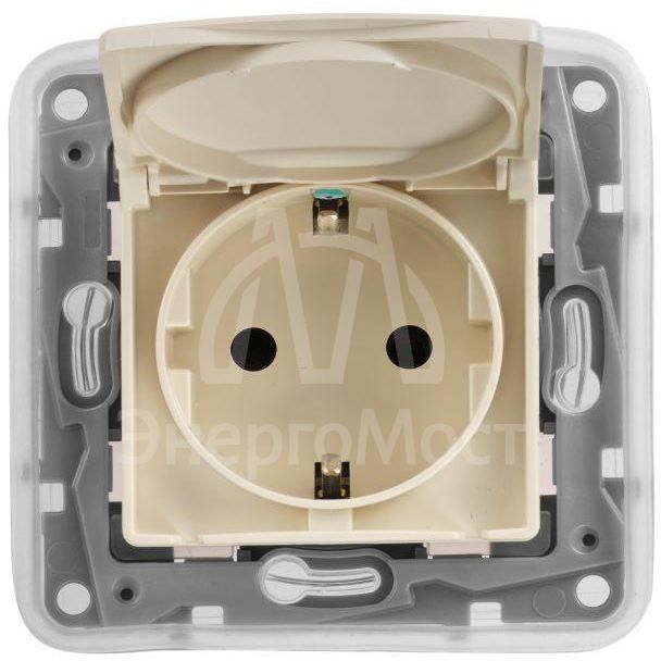 Механизм розетки 1-м СП Etika 2К+З 16А IP44 защ. шторки с заземл. с защ. крышкой безвинт. зажимы сл. кость Leg 672332
