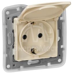 Механизм розетки 1-м СП Etika 2К+З 16А IP44 защ. шторки с заземл. с защ. крышкой безвинт. зажимы сл. кость Leg 672332