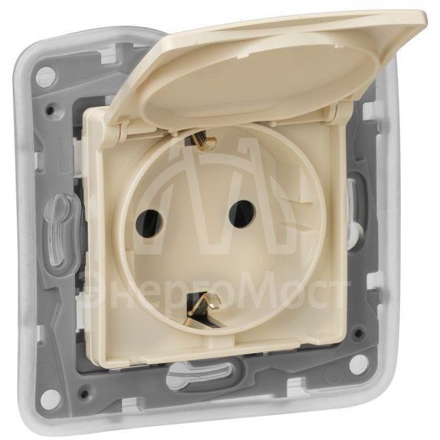 Механизм розетки 1-м СП Etika 2К+З 16А IP44 защ. шторки с заземл. с защ. крышкой безвинт. зажимы сл. кость Leg 672332