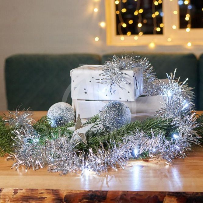 Гирлянда светодиодная &amp;quot;Мишура&amp;quot; серебр. 1.5м 10LED бел. провод прозр. 2хAA (батарейки не в комплекте) Neon-Night 304-011