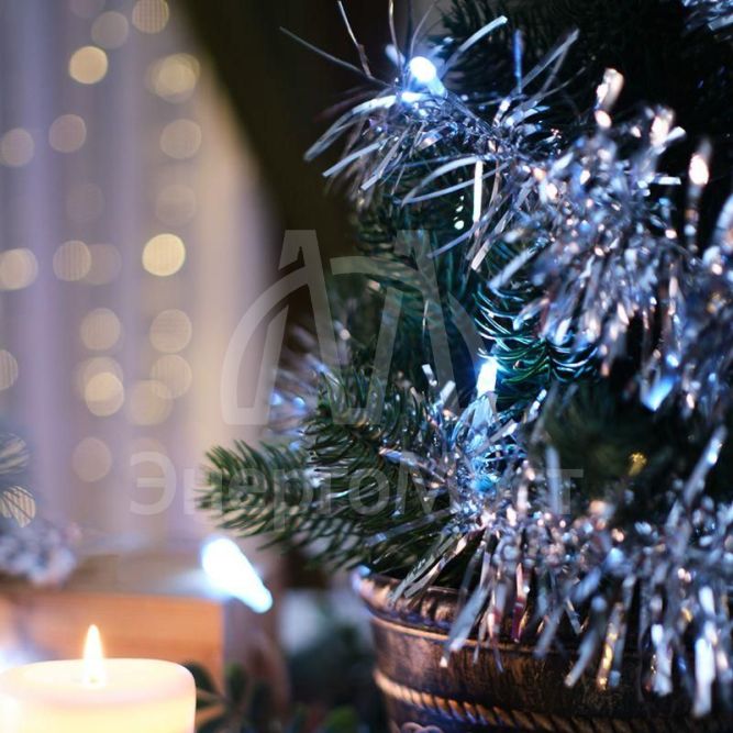 Гирлянда светодиодная &amp;quot;Мишура&amp;quot; серебр. 1.5м 10LED бел. провод прозр. 2хAA (батарейки не в комплекте) Neon-Night 304-011