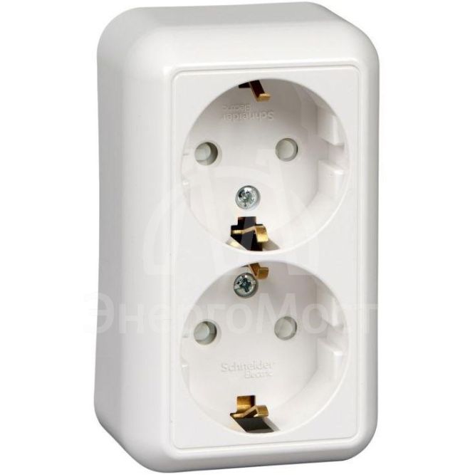 Розетка 2-м ОП Прима 16А 250В защ. шторки с заземл. (розн. упак.) бел. SchE RA16-214-BI