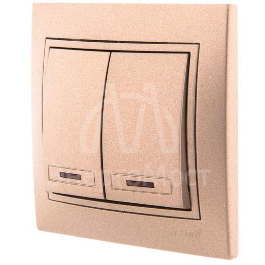 Выключатель 2-кл. СП Мира 10А IP20 с подсветкой со вставкой свет. корич. перламутр LEZARD 701-3131-112