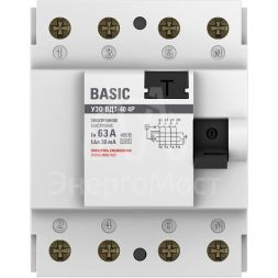 Выключатель дифференциального тока (УЗО) 4п 63А 30мА тип AC Basic электрон.EKF elcb-4-63-30e-sim