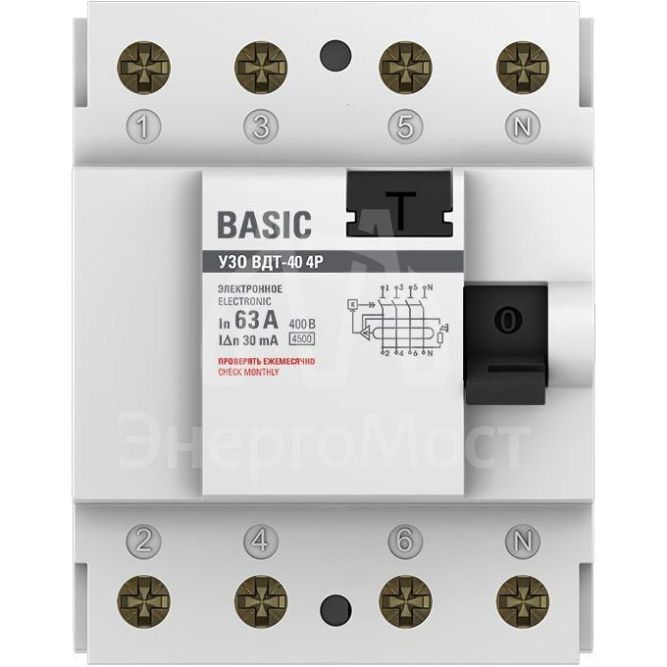 Выключатель дифференциального тока (УЗО) 4п 63А 30мА тип AC Basic электрон.EKF elcb-4-63-30e-sim