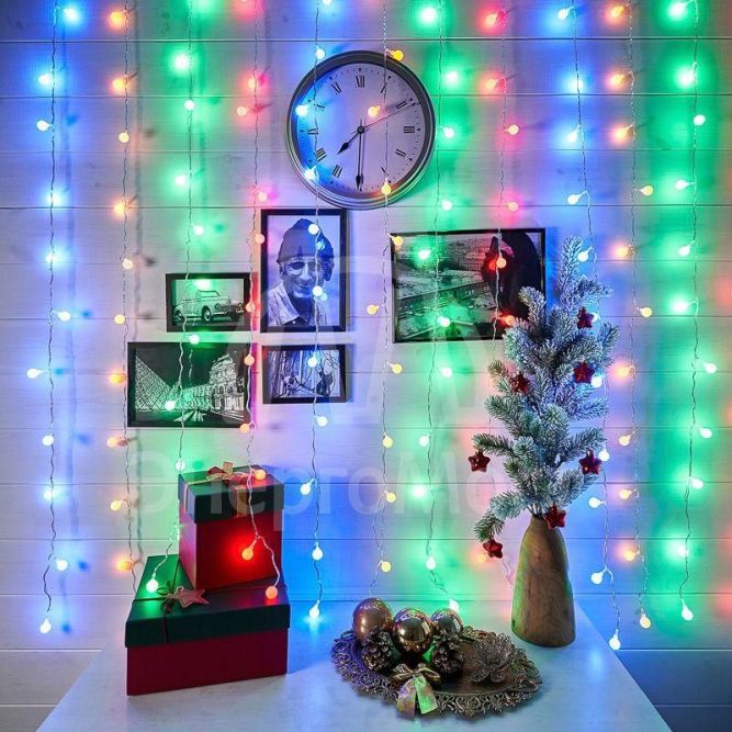 Гирлянда &amp;quot;Светодиодный Дождь&amp;quot; 1.5х1.5 м с насадками шарики свечение с динамикой LED мультиколор 230В провод прозр. Neon-Night 235-049