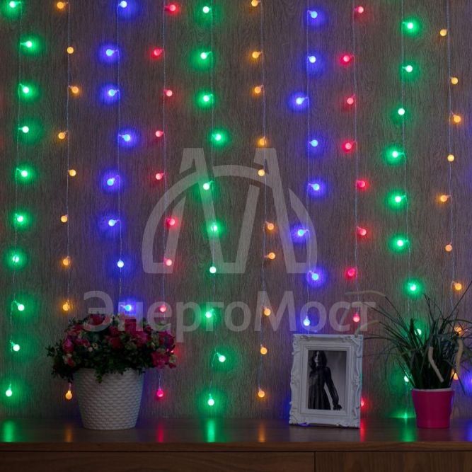 Гирлянда &amp;quot;Светодиодный Дождь&amp;quot; 1.5х1.5 м с насадками шарики свечение с динамикой LED мультиколор 230В провод прозр. Neon-Night 235-049