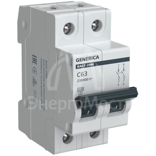 Выключатель автоматический модульный 2п C 63А 4.5кА ВА47-29М GENERICA MVA21-2-063-C-G