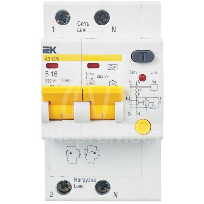 Выключатель автоматический дифференциального тока 2п B 16А 30мА тип A 4.5кА АД-12М IEK MAD12-2-016-B-030