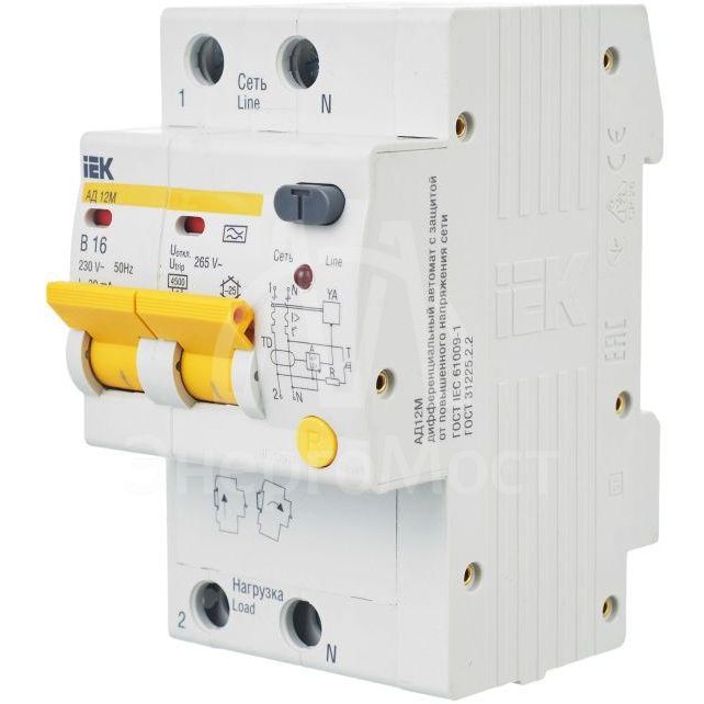 Выключатель автоматический дифференциального тока 2п B 16А 30мА тип A 4.5кА АД-12М IEK MAD12-2-016-B-030