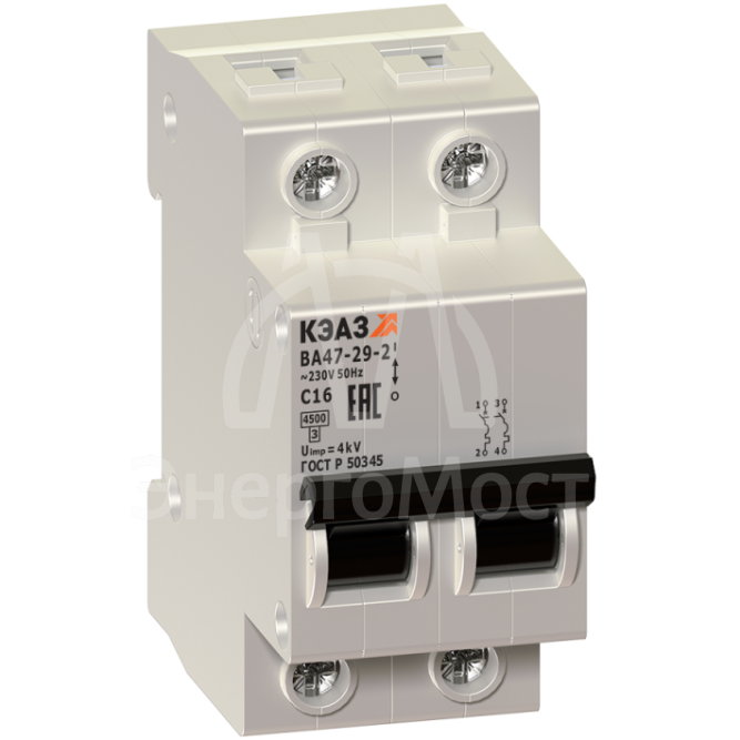 Выключатель автоматический модульный 2п C 50А 4.5кА ВА47-29-2C50-УХЛ3 КЭАЗ 141602