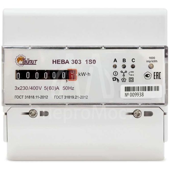 Счетчик НЕВА 303 1S0 3ф 5-60А 230/400В 1 класс точн. 1 тариф. мех DIN-рейка Тайпит 6056054