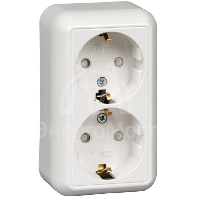 Розетка 2-м ОП Прима 16А 250В защ. шторки с заземл. (опт. упак.) бел. SchE RA16-214-B