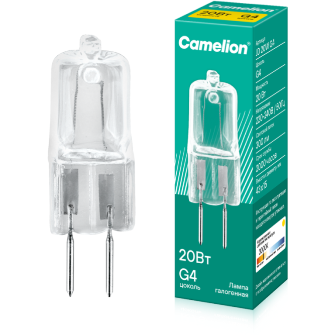 Лампа галогенная JD 20Вт капсула g4 2850К 240В g4 Camelion 10405