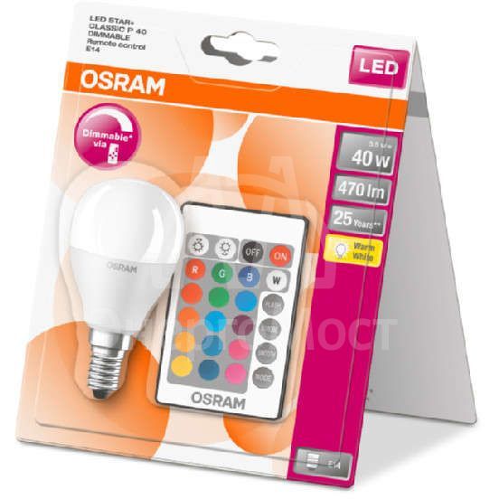 Лампа светодиодная LED STAR+ DIM с пультом P 40 5.5W/827 шар 5.5Вт 2700К тепл. бел. E14 470лм 220-240В мат. пласт. OSRAM 4058075144385