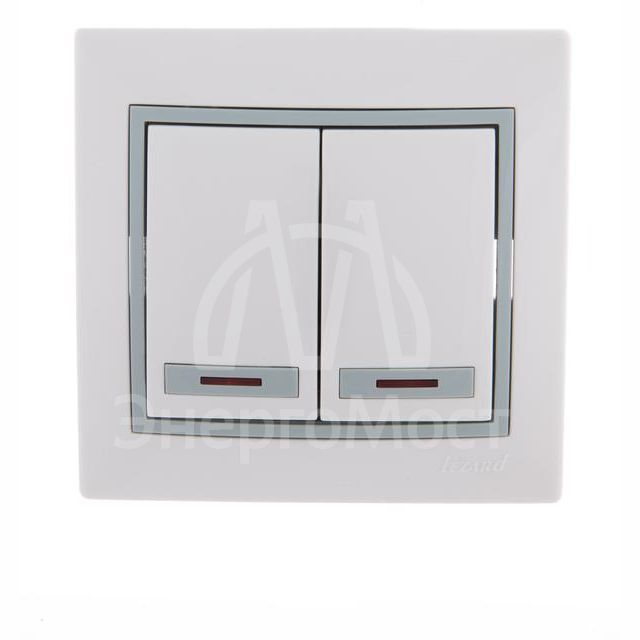 Выключатель 2-кл. СП Мира 10А IP20 с подсветкой с сер. вставкой бел. LEZARD 701-0215-112