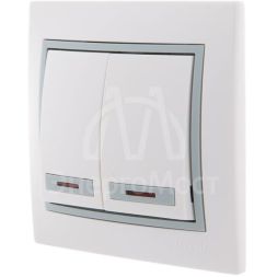 Выключатель 2-кл. СП Мира 10А IP20 с подсветкой с сер. вставкой бел. LEZARD 701-0215-112