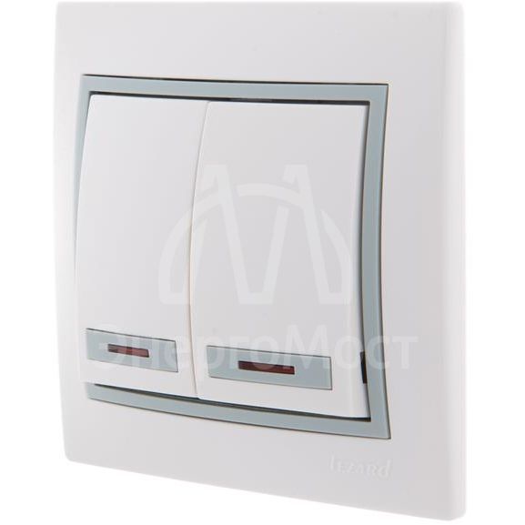 Выключатель 2-кл. СП Мира 10А IP20 с подсветкой с сер. вставкой бел. LEZARD 701-0215-112