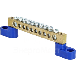 Шина нулевая N 6х9 10 отверстий 2 синих угловых изолятора латунь PROxima EKF sn0-2-63-10