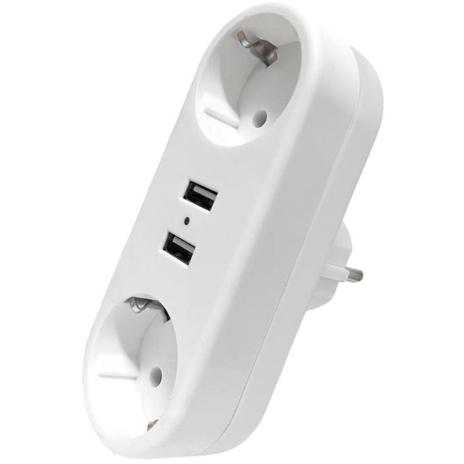 Разветвитель 2-м плоский с заземл.16А 2USB А+А 2.4А 3500Вт бел. DOMTOK 2732