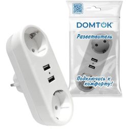 Разветвитель 2-м плоский с заземл.16А 2USB А+А 2.4А 3500Вт бел. DOMTOK 2732