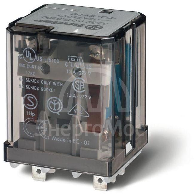 Реле силовое электромеханич. монтаж в розетку или наконечники Faston 187 (4.8х0.5мм) 2CO 16А AgCdO 24В DC RTI опции: кнопка тест + мех. индикатор FINDER 623290240040