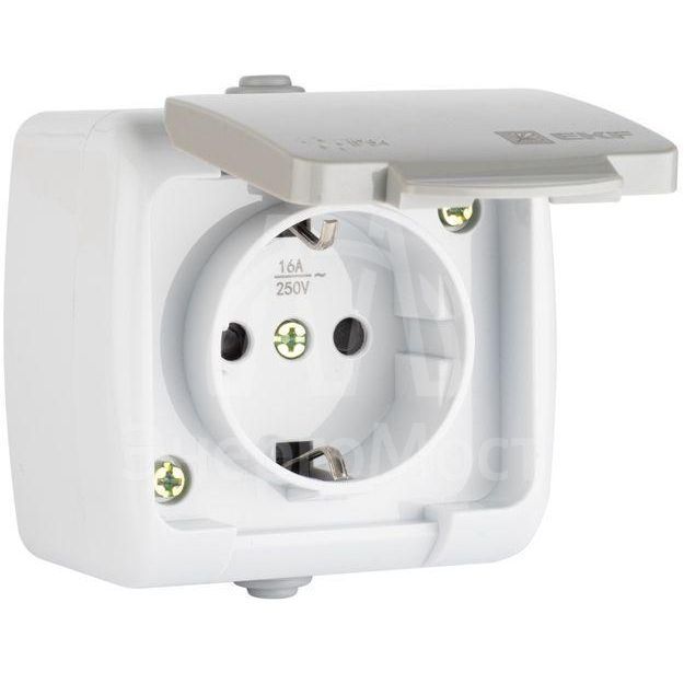 Розетка 1-м ОП Мурманск 16А IP54 с заземл. защ. шторки с крышкой сер. EKF EFR16-029-30-54