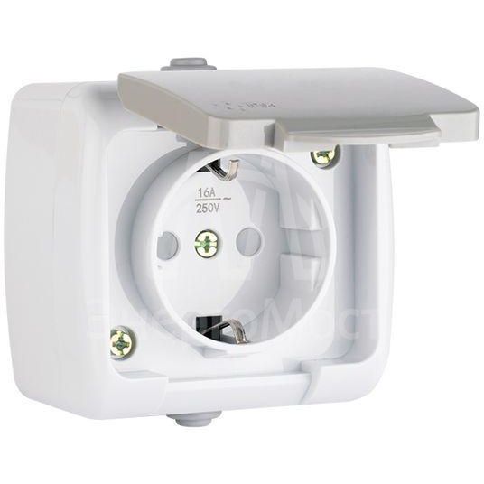 Розетка 1-м ОП Мурманск 16А IP54 с заземл. защ. шторки с крышкой сер. EKF EFR16-029-30-54