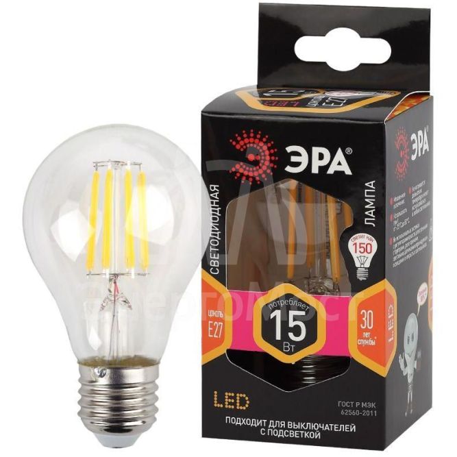 Лампа светодиодная филаментная F-LED A60-15W-827-E27 A60 15Вт груша E27 тепл. бел. ЭРА Б0046981