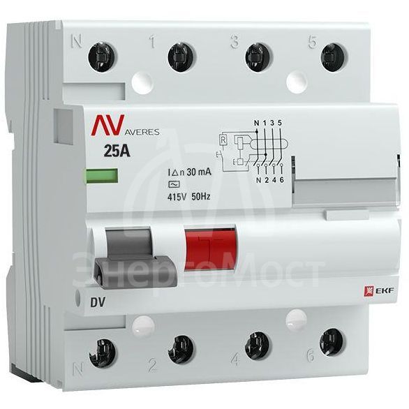Выключатель дифференциального тока (УЗО) 4п 25А 30мА тип AC DV AVERES EKF rccb-4-25-30-ac-av