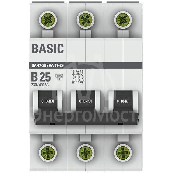 Выключатель автоматический модульный 3п B 25А 4.5кА ВА 47-29 Basic EKF mcb4729-3-25-B