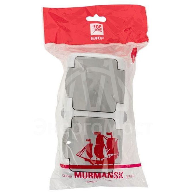 Розетка 2-м ОП Мурманск 16А IP54 с заземл. защ. шторки с крышкой сер. EKF EFR16-129-30-54