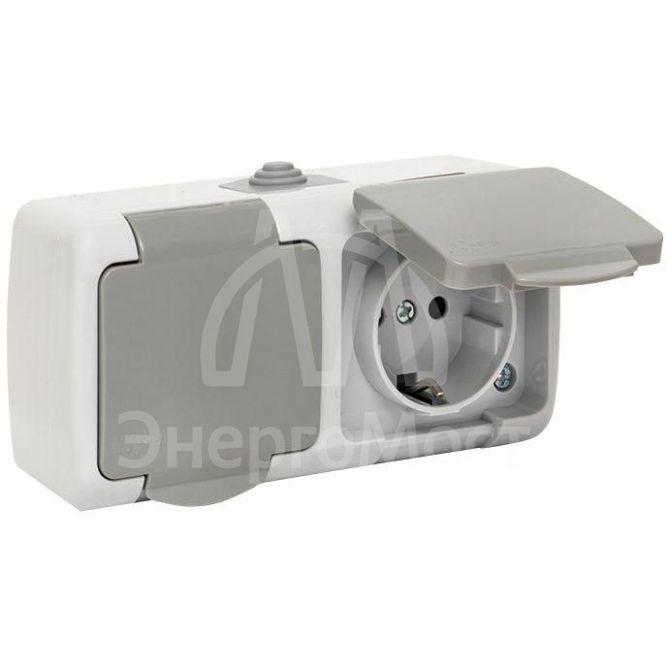 Розетка 2-м ОП Мурманск 16А IP54 с заземл. защ. шторки с крышкой сер. EKF EFR16-129-30-54