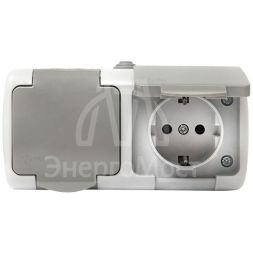 Розетка 2-м ОП Мурманск 16А IP54 с заземл. защ. шторки с крышкой сер. EKF EFR16-129-30-54