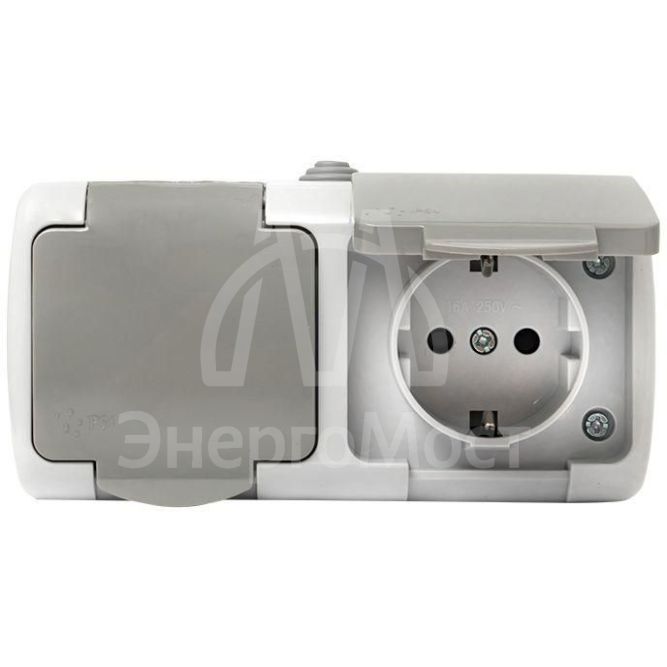 Розетка 2-м ОП Мурманск 16А IP54 с заземл. защ. шторки с крышкой сер. EKF EFR16-129-30-54
