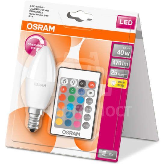 Лампа светодиодная LED STAR+ DIM с пультом B 40 5.5W/827 свеча 5.5Вт 2700К тепл. бел. E14 470лм 220-240В мат. пласт. OSRAM 4058075144309