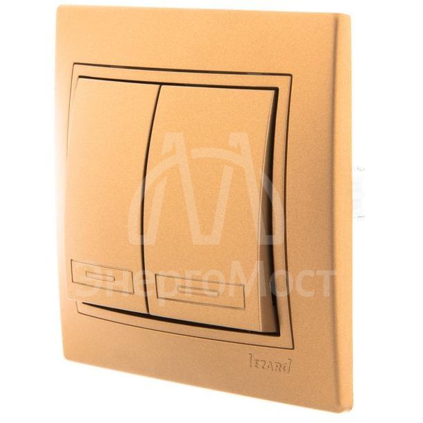 Выключатель 2-кл. СП Мира 10А IP20 со вставкой зол. метал. LEZARD 701-1313-101